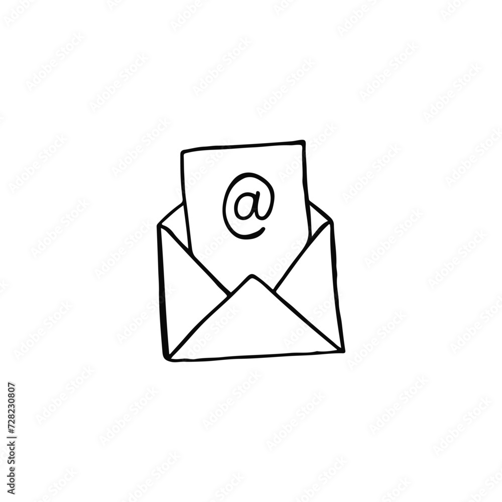 Hand-Drawn Doodle of an Email Envelope With At-Sign on Paper Hand-Drawn Doodle of an Email Envelope With At-Sign on Paper
