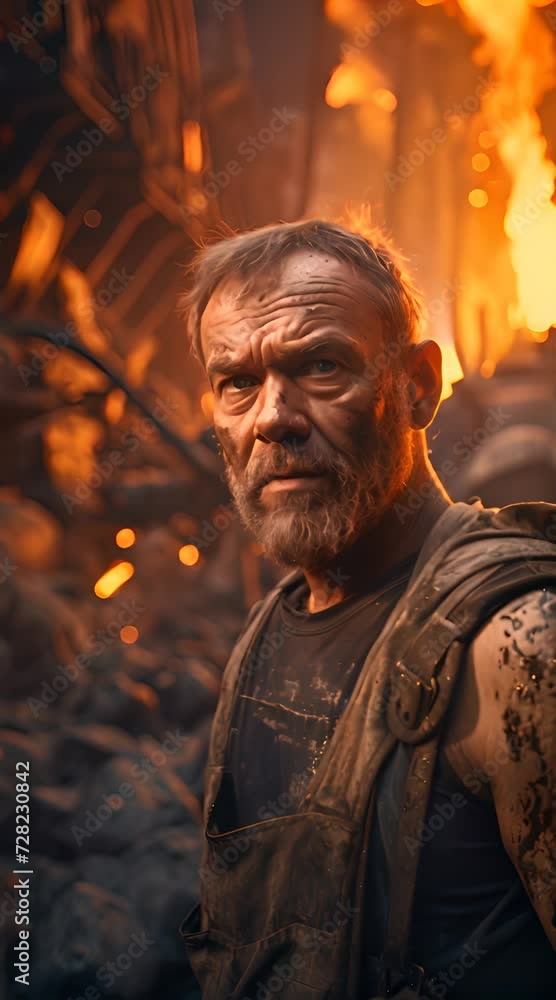 a man with a beard standing in front of a fire a man with a beard standing in front of a fire