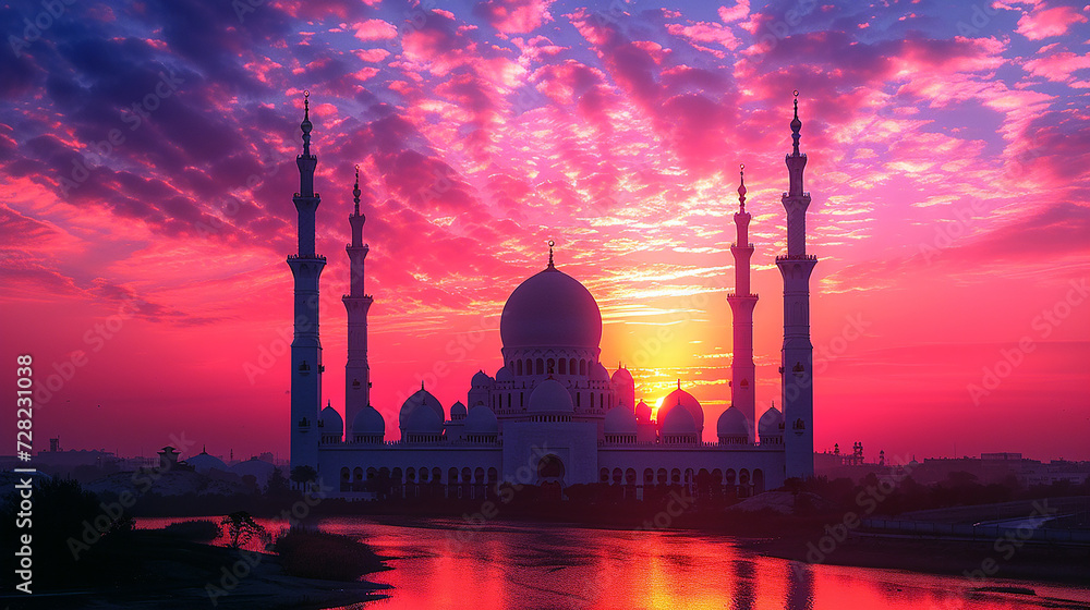 Silhouette of majestic mosque with beautiful sunset. Portrait of holy place for muslim worship praying at the afternoon sunlight before sunset. Generative AI