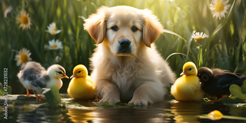 A dog with a duck ,Ducklings photos,animal friendship, adorable, unlikely duo, canine companion, feathered friend, pets, 