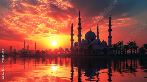 Silhouette of majestic mosque with beautiful sunset. Portrait of holy place for muslim worship praying at the afternoon sunlight before sunset. Generative AI