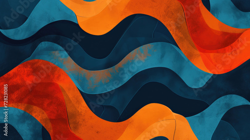 Groovy psychedelic abstract wavy background with rough texture combined with retro colors mahogany, peacock blue and tangerine