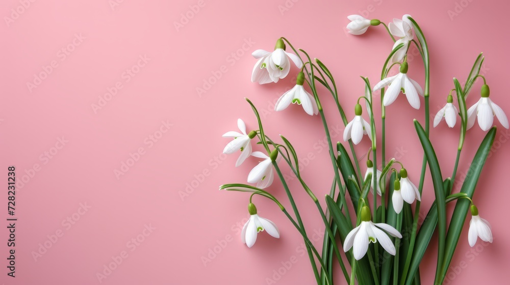 snowdrops on a pink background with space for text.