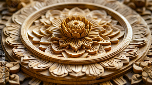 Portrait of mandala carving on the wood. Side view of antique circular flower pattern. Decorative ornament in ethnic oriental style. Generative AI