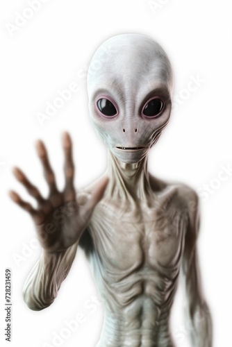 Alien is standing and waving hand, pointing finger up. Alien is laughing and isolated on white background