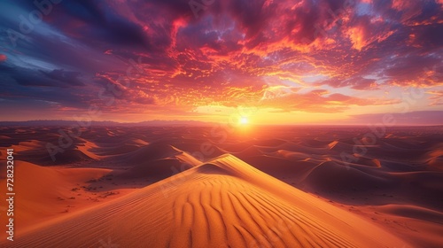 An expansive desert landscape at sunset  vivid colors in the sky  dunes creating patterns  portraying the beauty of wilderness. Resplendent.