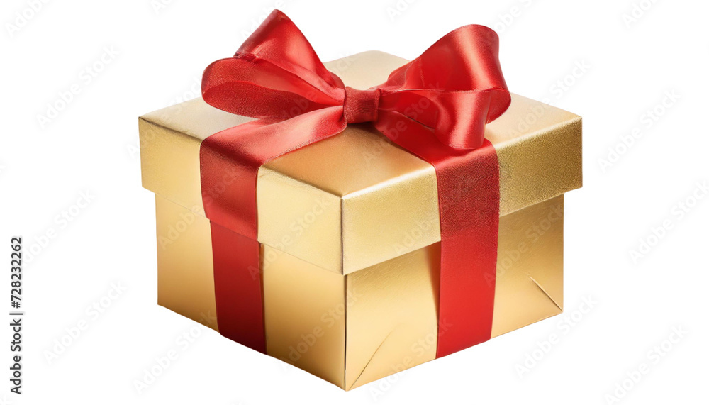 Obraz premium Golden gift box with red ribbon bow isolated on transparent background.