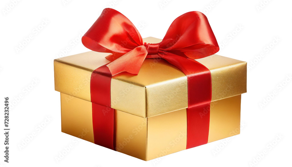 Fototapeta premium Golden gift box with red ribbon bow isolated on transparent background.