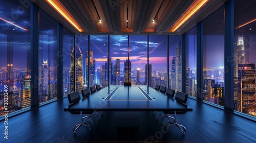 Panoramic conference room in modern office, cityscape of skyscrapers at night.