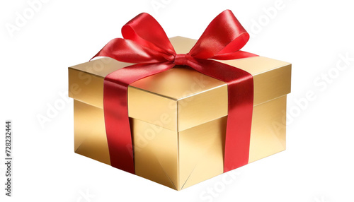 Golden gift box with red ribbon bow isolated on transparent background.