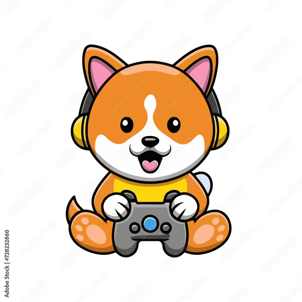 Fototapeta premium cute shiba gamer with headphone vector illustration in isolated background