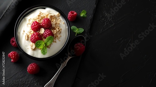 Greek Yogurt Parfait, Black Surface Table, minimalistic decor 