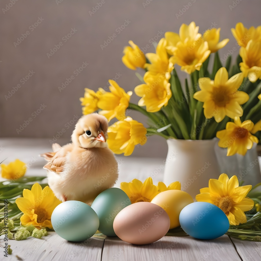 Yellow spring flowers, Easter eggs and a little chicken on the table. Easter celebration concept