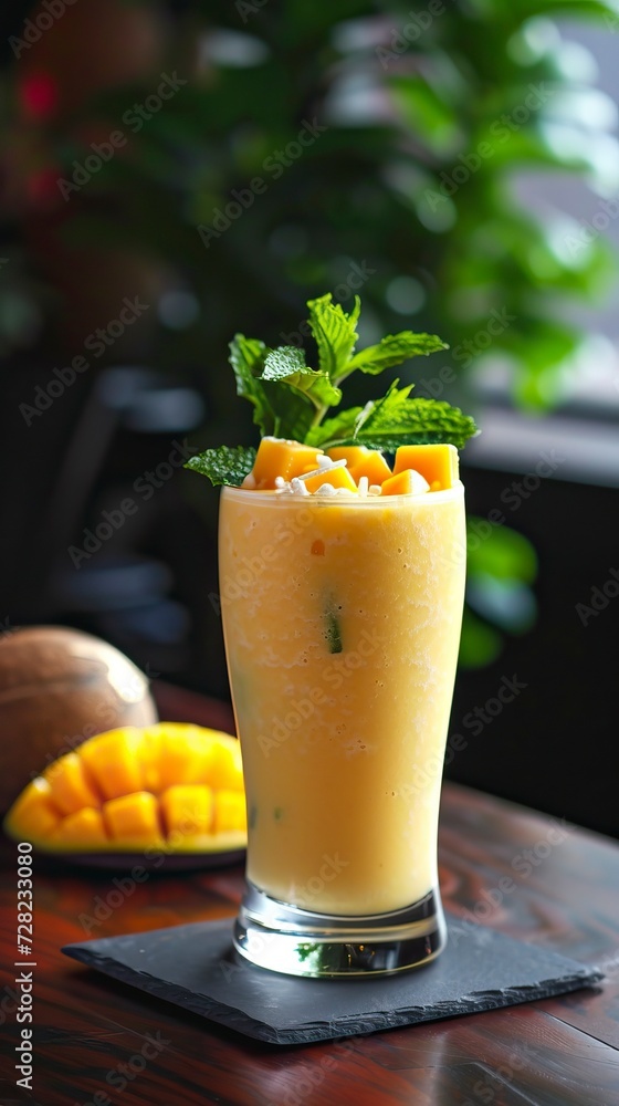 Mango and Coconut Smoothie, Black Surface Table, minimalistic decor Mango and Coconut Smoothie, Black Surface Table, minimalistic decor