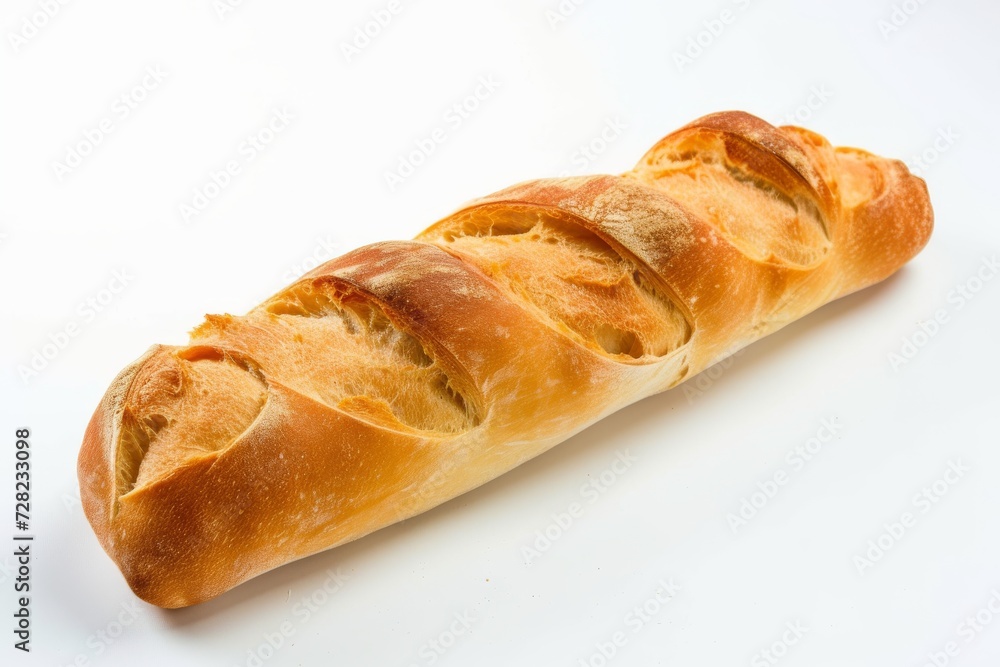 A freshly baked baguette isolated on white background