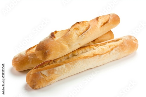 Three freshly baked baguettes isolated on white background