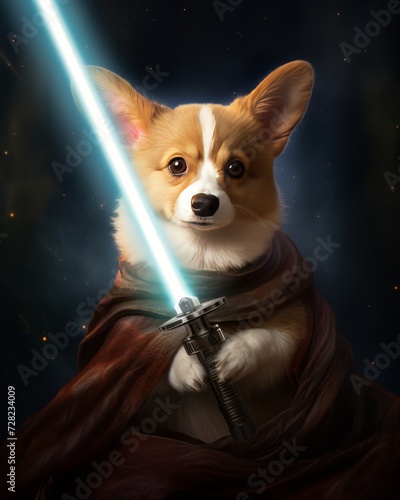 Corgi puppy with light saber, illustration with a dog in a Jedi cloak costume