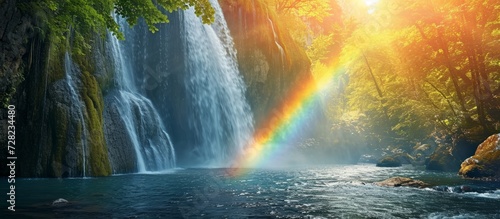 Waterfall Has a Gorgeous Rainbow Display: A Serene Scene with a Majestic Waterfall Surrounded by a Beautiful Rainbow