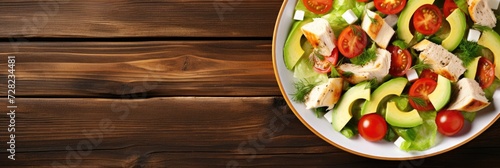 Salad in a white plate on a wooden background