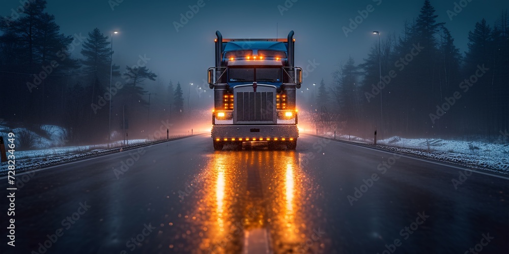 Rainy Night on the Highway A Trucking Adventure Generative AI - obrazy, fototapety, plakaty 