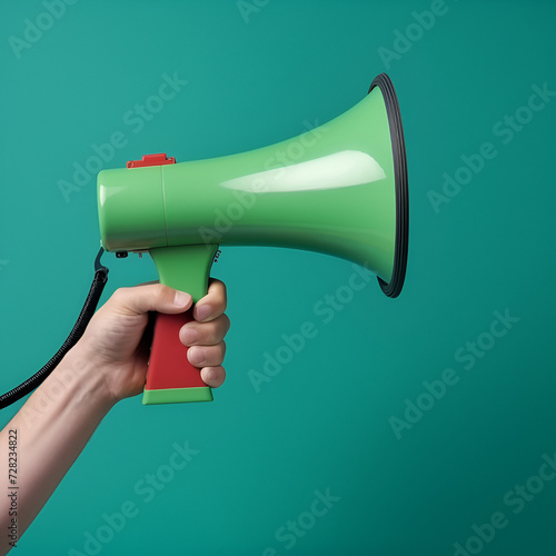 Hand holding megaphone isolated on green background 