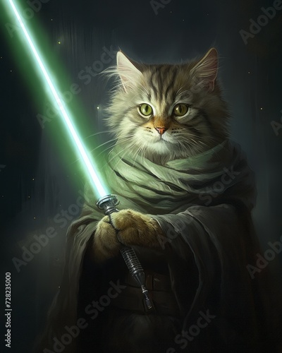 Cat with light saber, illustration with a Jedi in cloak costume