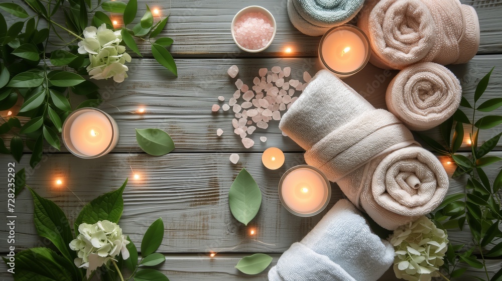 A serene spa setup featuring rolled towels, lit candles, and Himalayan salt on a rustic wooden background for relaxation. A serene spa setup featuring rolled towels, lit candles, and Himalayan salt on a rustic wooden background for relaxation.