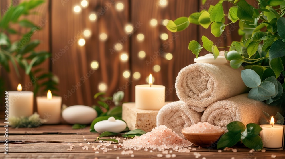 A serene spa setup featuring rolled towels, lit candles, and Himalayan salt on a rustic wooden background for relaxation. A serene spa setup featuring rolled towels, lit candles, and Himalayan salt on a rustic wooden background for relaxation.