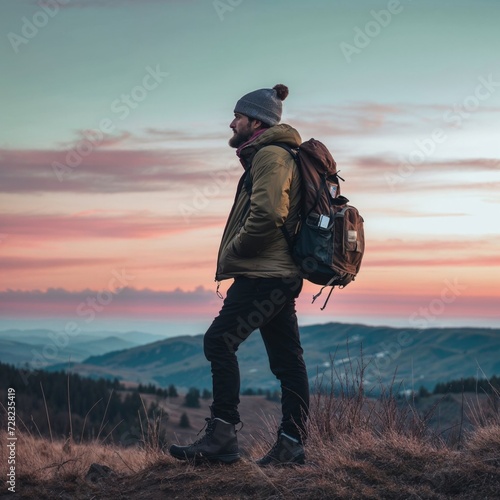 Adventurous man with backpack at sunset on mountain ridge, contemplating scenic view