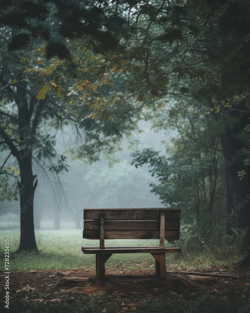 Solitary park bench in a foggy forest setting, inviting contemplation and solitude away from the beaten path