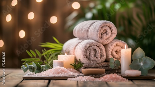 A serene spa setup featuring rolled towels  lit candles  and Himalayan salt on a rustic wooden background for relaxation.