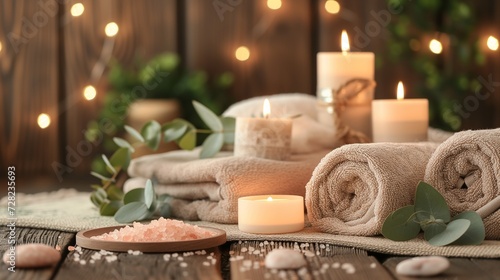 A serene spa setup featuring rolled towels  lit candles  and Himalayan salt on a rustic wooden background for relaxation.