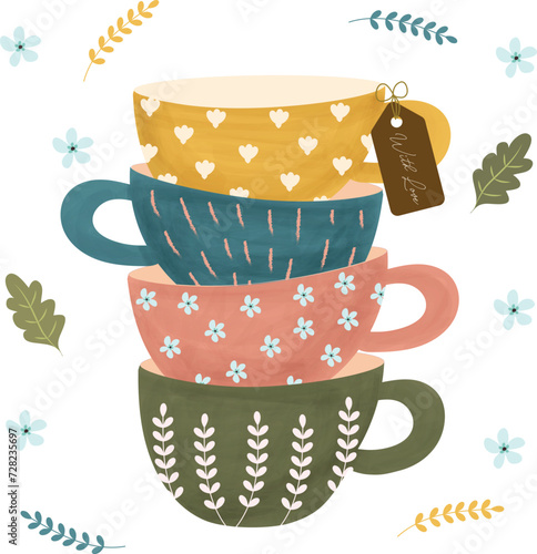 Stack of tea cup watercolor hand drawn clipart vector illustration for decoration invitation greeting birthday party celebration wedding card poster banner textiles wallpaper background