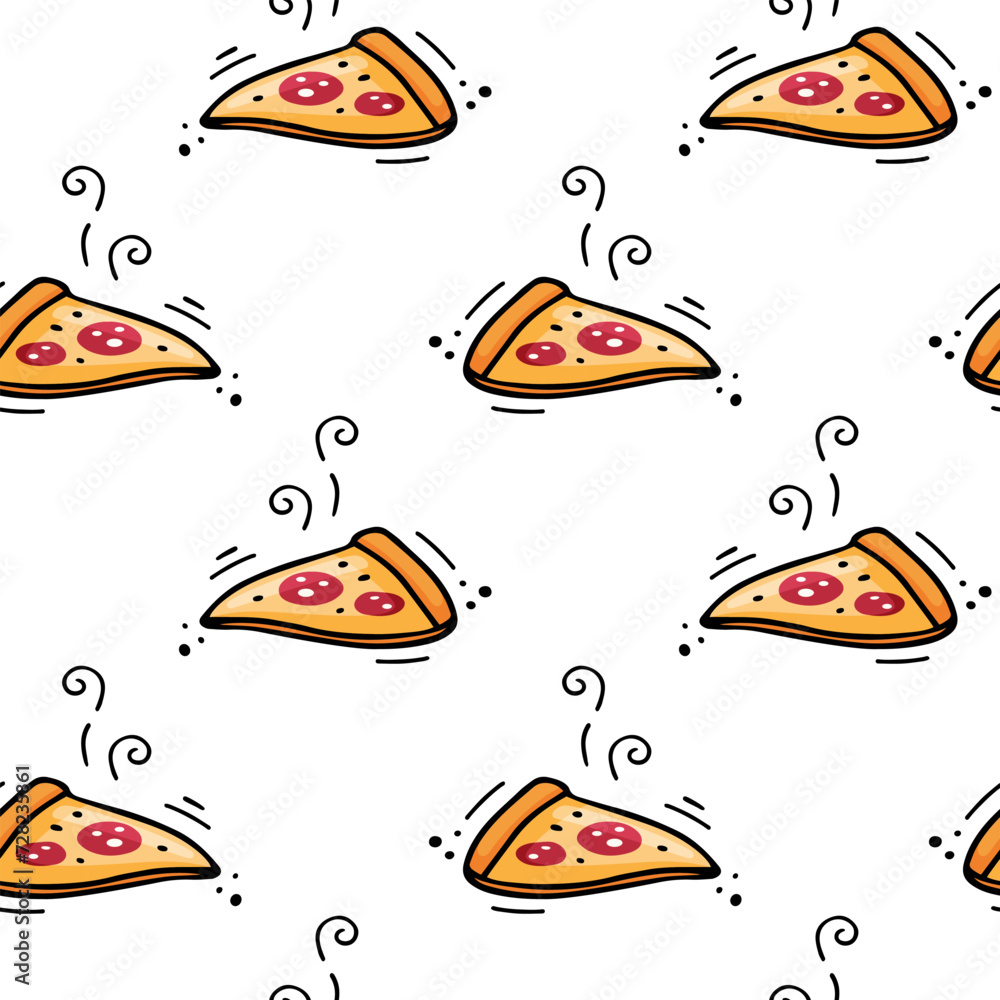 Hand drawn pizza seamless pattern. Fast food texture. Vector Fast food illustration in doodle style. Vector illustration of Pizza. Sketch of slice of pizza. Hand drawn pizza seamless pattern. Fast food texture. Vector Fast food illustration in doodle style. Vector illustration of Pizza. Sketch of slice of pizza.