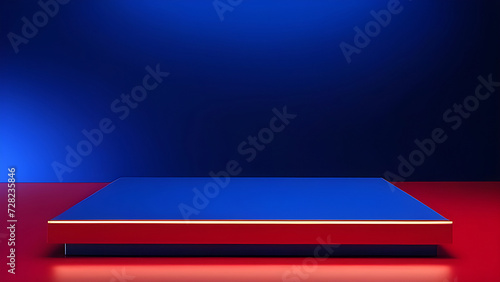 Blue platform, display for presentation of products, cosmetics on a blue-red background.