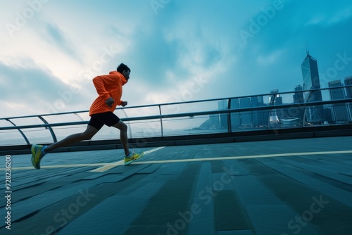 Urban runner in orange on a city bridge at dawn, portraying healthy lifestyle and morning workout routine