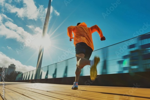 Energetic male athlete sprinting with urban wind turbine backdrop portraying renewable energy and urban fitness