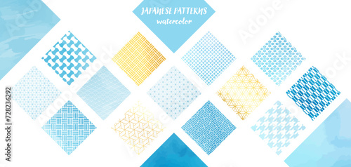 和紙、水彩風_水色とゴールドの四角の和柄パターン素材セット 