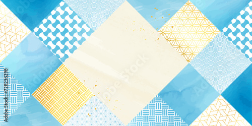 和紙、水彩風_水色とゴールドの四角の和柄パターン背景イラスト
