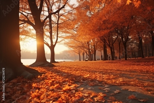 Vibrant and serene autumn park with a spectacular display of golden fallen leaves