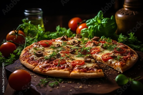 Delectable pizza on rustic wooden table - close-up shot of traditional italian cuisine