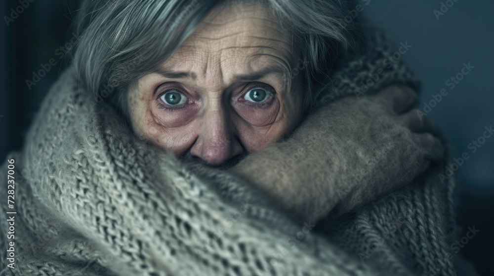 An older woman with her arms wrapped around herself her face contorted in agony as she endures a panic attack.