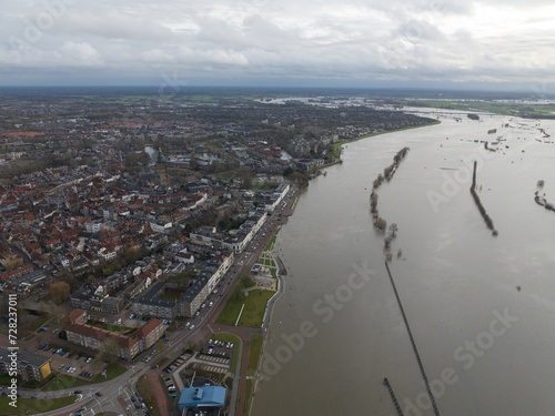 Aerial overview of the city of Zutphen  along the river Ijssel in Gelderland  The Netherlands. Birds eye aerial drone view in the Dutch province of Gelderland.