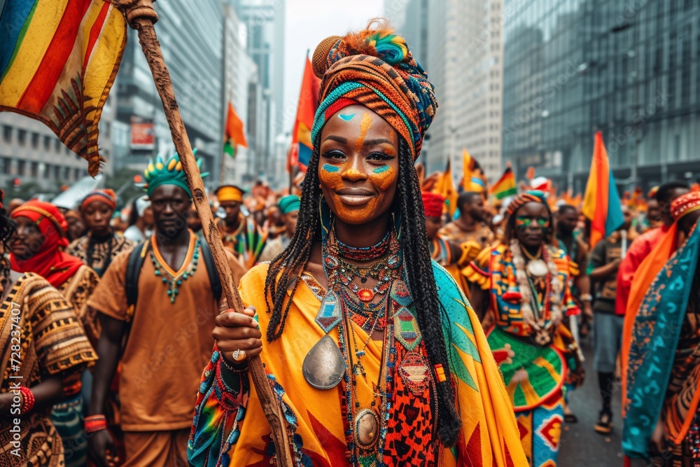 African-American Parade Participant in Yellow and Orange Outfit Generative AI