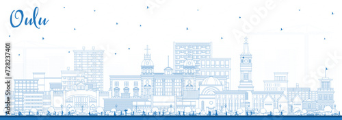 Outline Oulu Finland city skyline with blue buildings. Oulu cityscape with landmarks. Business travel and tourism concept with modern and historic architecture.