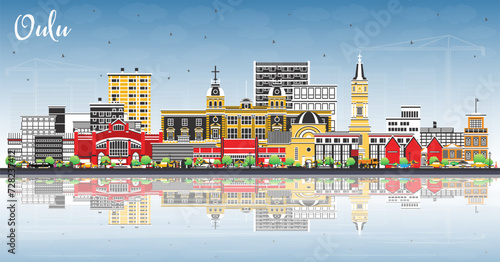 Oulu Finland city skyline with color buildings, blue sky and reflections. Oulu cityscape with landmarks. Business travel and tourism concept with modern and historic architecture.