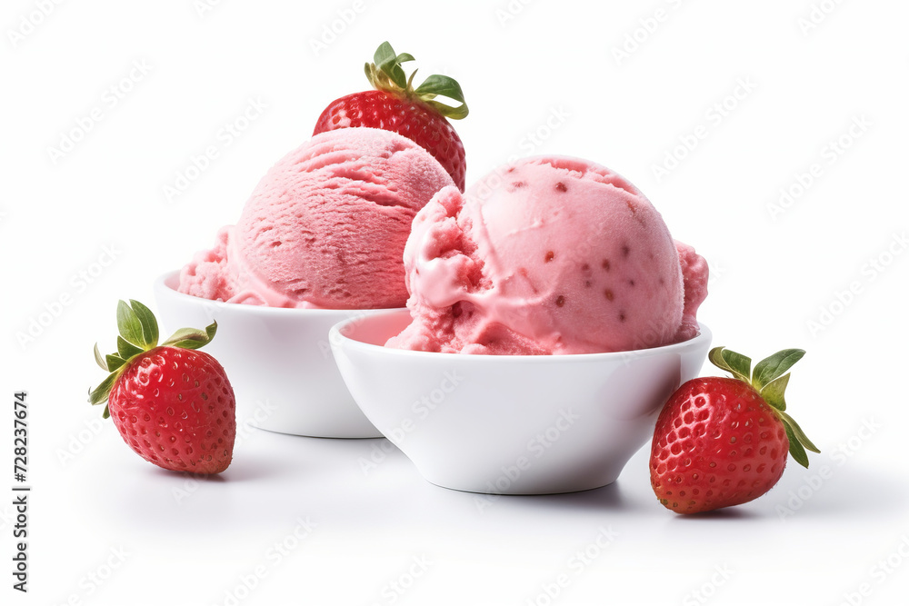 Refreshing Strawberry Ice Cream Scoop with Mint on a White Background Refreshing Strawberry Ice Cream Scoop with Mint on a White Background