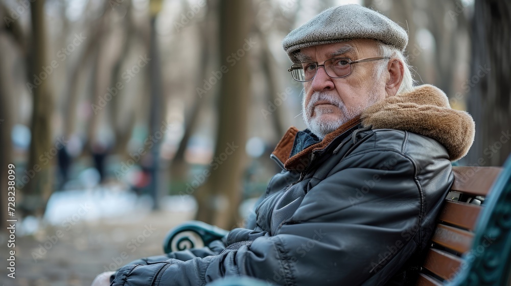 An older man sitting alone at a park bench avoiding the other people around him.