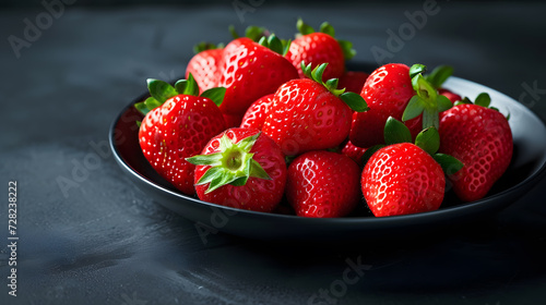 Fresh strawberries in a bowl on a black background  selective focus.