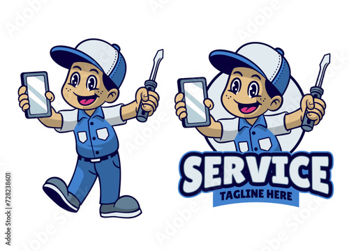 Cartoon Phone Repair Service Mechanic Mascot Design